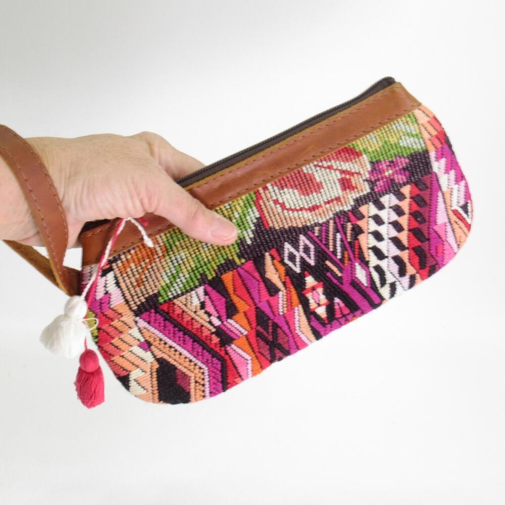 Nena Co Clutch Wristlet Wallet Red Pink Orange Multicolor Embroidery Leather Bag